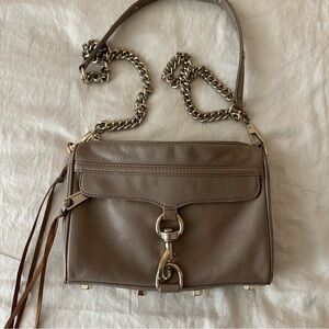 Rebecca Minkoff Crossbody Purse Mini Mac Gray Taupe Gold Strap Leather Small Bag